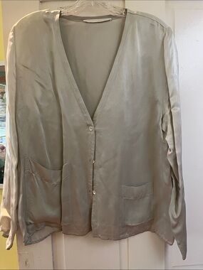 Silky V-Neck Button Front Blouse in Light Gray